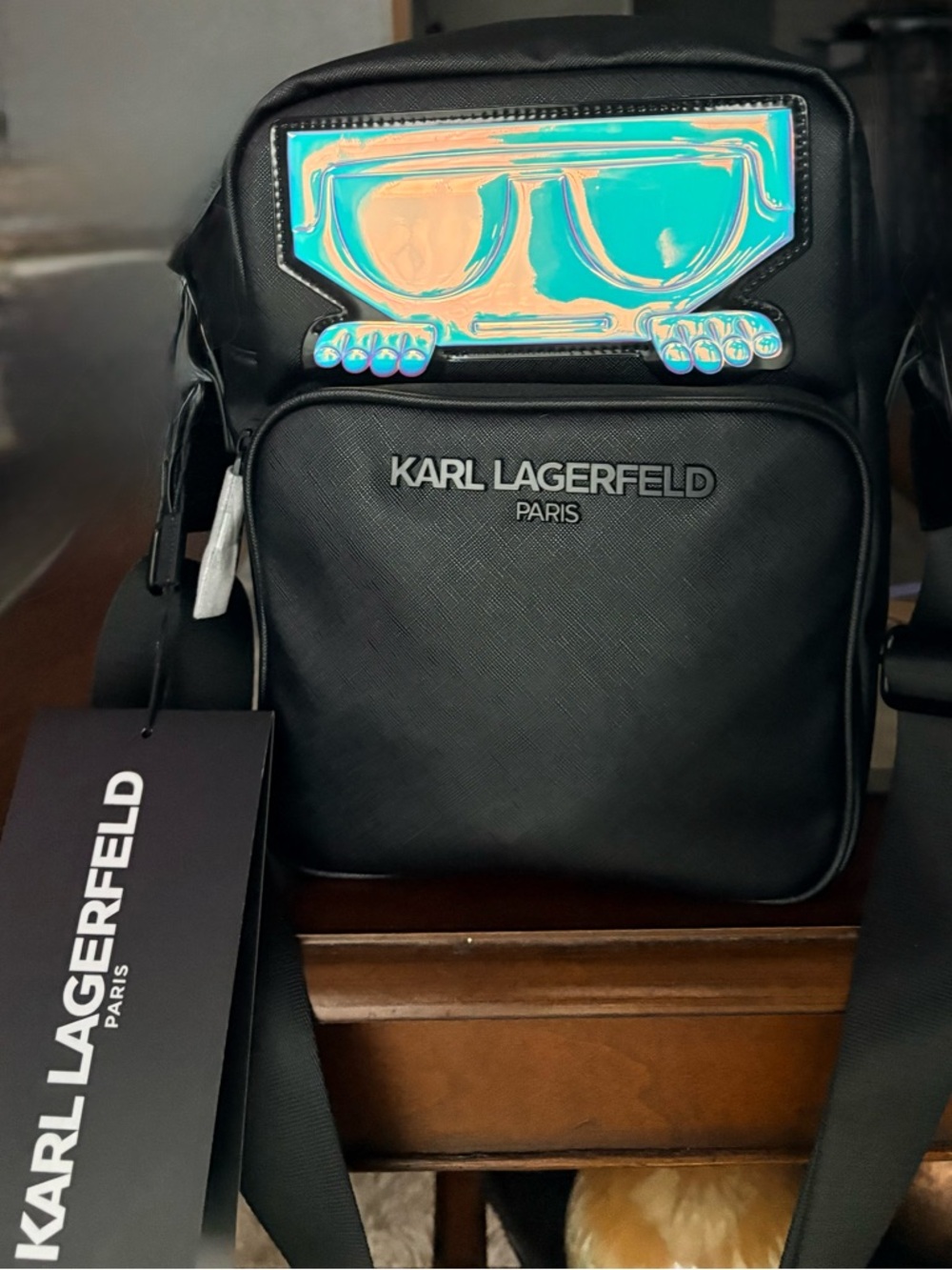 Karl Lagerfeld Black Crossbody Bag with Iridescent Blue Accent